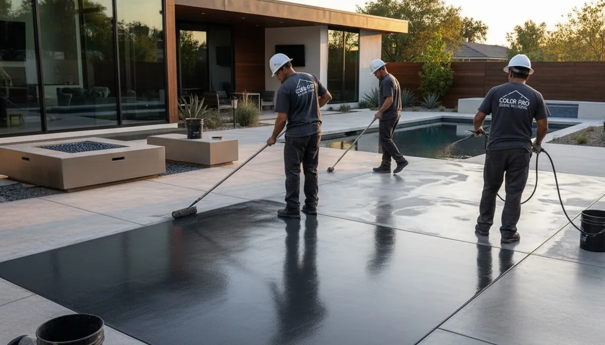 Professional concrete staining on residential patio surface in Flagstaff, AZ by expert painters
