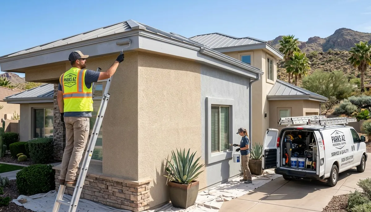 Professional house painters in Flagstaff AZ applying exterior paint to a residential home