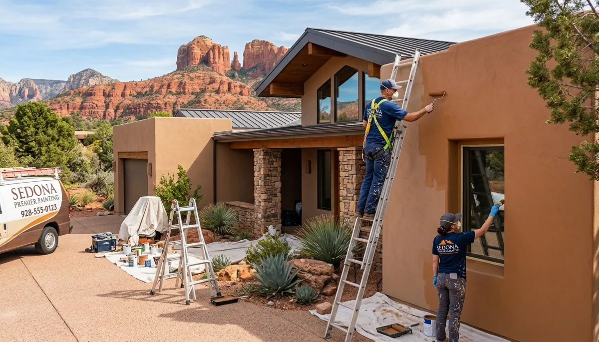 Professional house painters in Flagstaff AZ applying exterior paint to a residential home