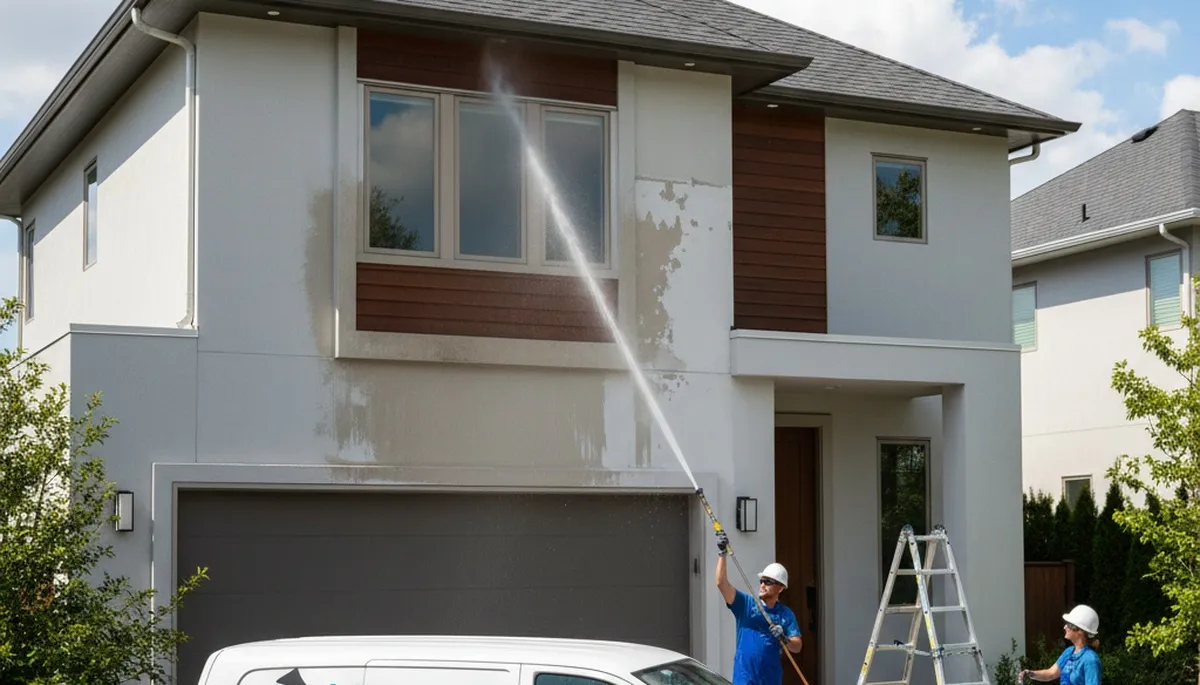 Professional pressure washing a Flagstaff AZ home exterior removing pollen and volcanic dust buildup