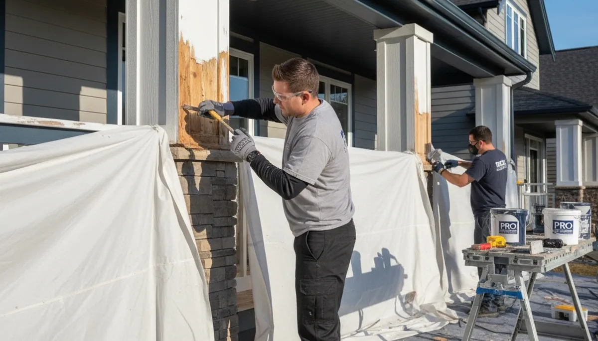 Contractor repairing exterior wood rot on Flagstaff AZ home with professional painting and restoration tools