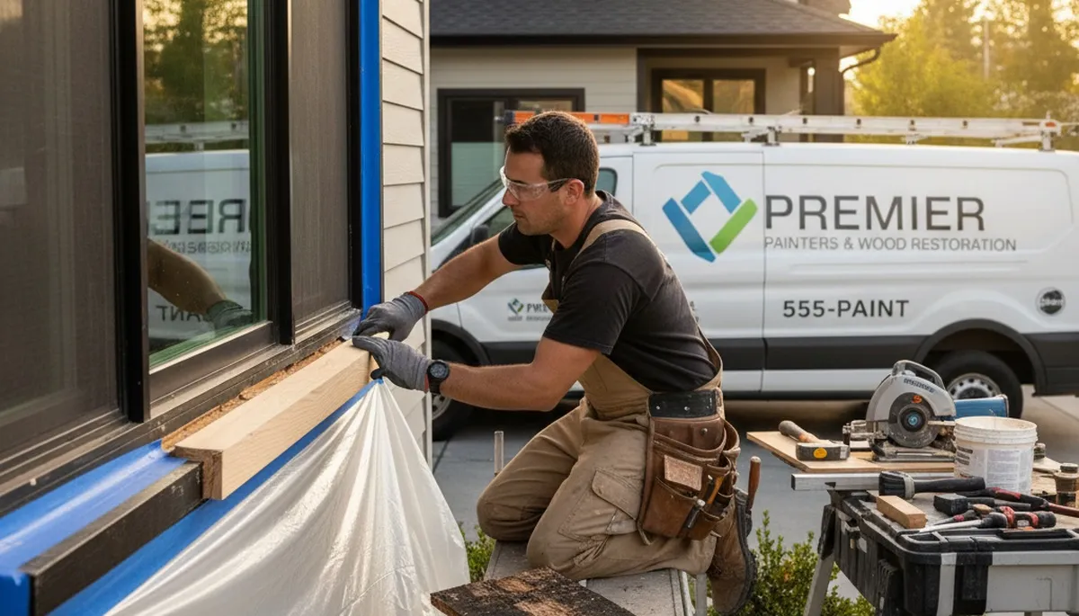 Wood rot repair on Flagstaff AZ home exterior with professional painters restoring damaged siding